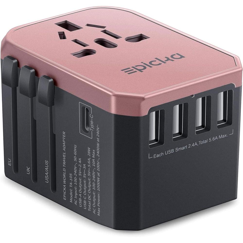 imageEPICKA Universal Travel Adapter European Travel Plug Adapter  International Power Adapter Worldwide Charger with USBC ampamp 4 USBA Ports Travel Essentials for Italy UK Japan TA105 Rose GoldRose Gold