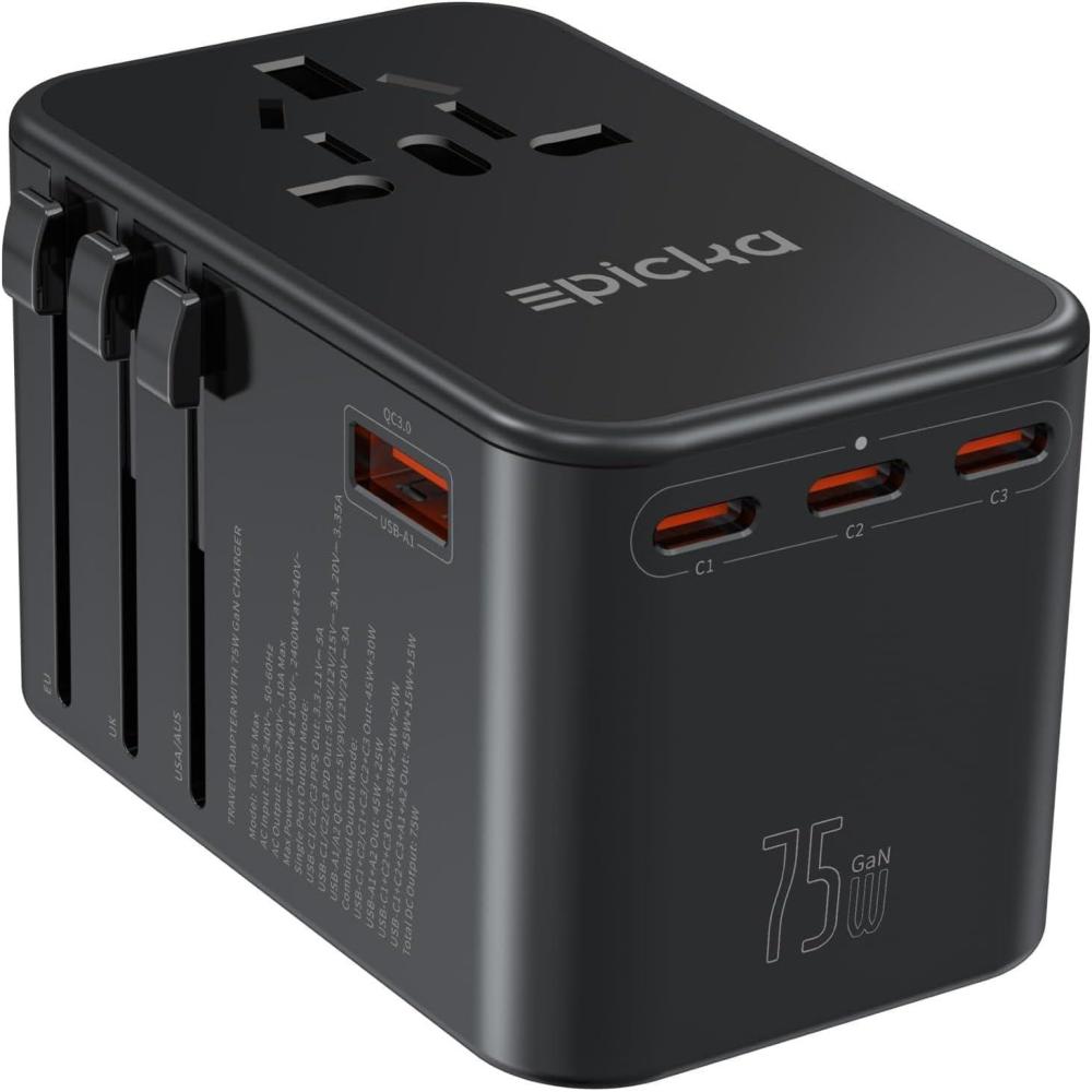 imageEPICKA Universal Travel Adapter GaN 75W International Plug Adapter with 3 USBC PD Fast Charging ampamp 2 USBA Quick Charging Adaptor Allinone Wall Charger for USA EU UK AUS TA105 Max Black