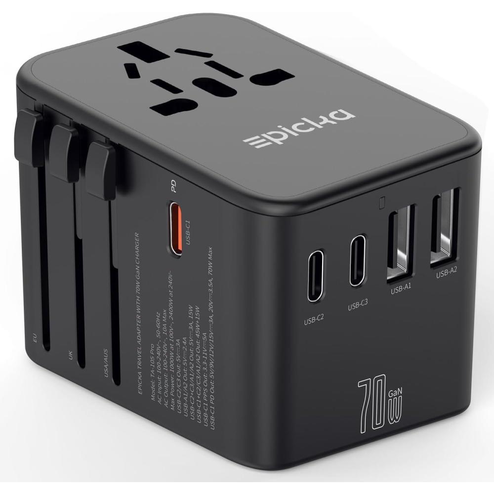 imageEPICKA Universal Travel Adapter GaN International Plug Adapter with 3 USBC 70W PD Fast Charging ampamp 2 USBA Adaptor Allinone Wall Charger for USA EU UK AUS TA105 Pro BlackBlack