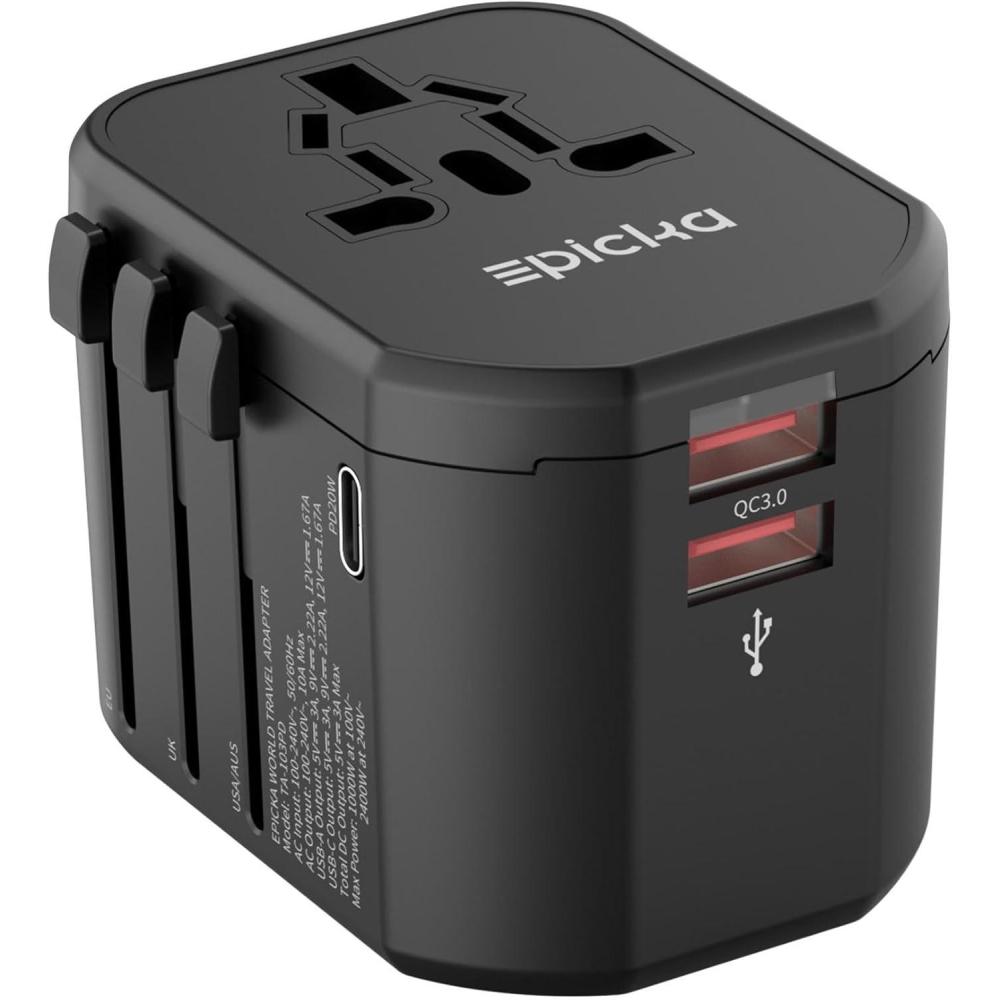 imageEPICKA Universal Travel Adapter International Plug Adapter with 2 USBA ampamp 1 USBC Ports Travel Power Adapter Worldwide AllinOne Wall Charger for USA EU UK AUS TA103PD Black