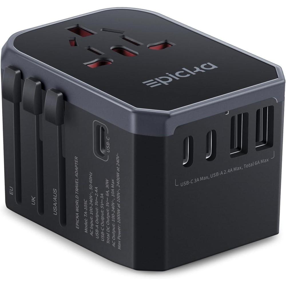 imageEPICKA Universal Travel Adapter International Power Adapter with 2 USBA ampamp 3 USBC Ports Wall Charger  Worldwide Travel Essentials European Travel Plug Adapter for UKUSAU TA105C Black5USB3 USBC30W Black
