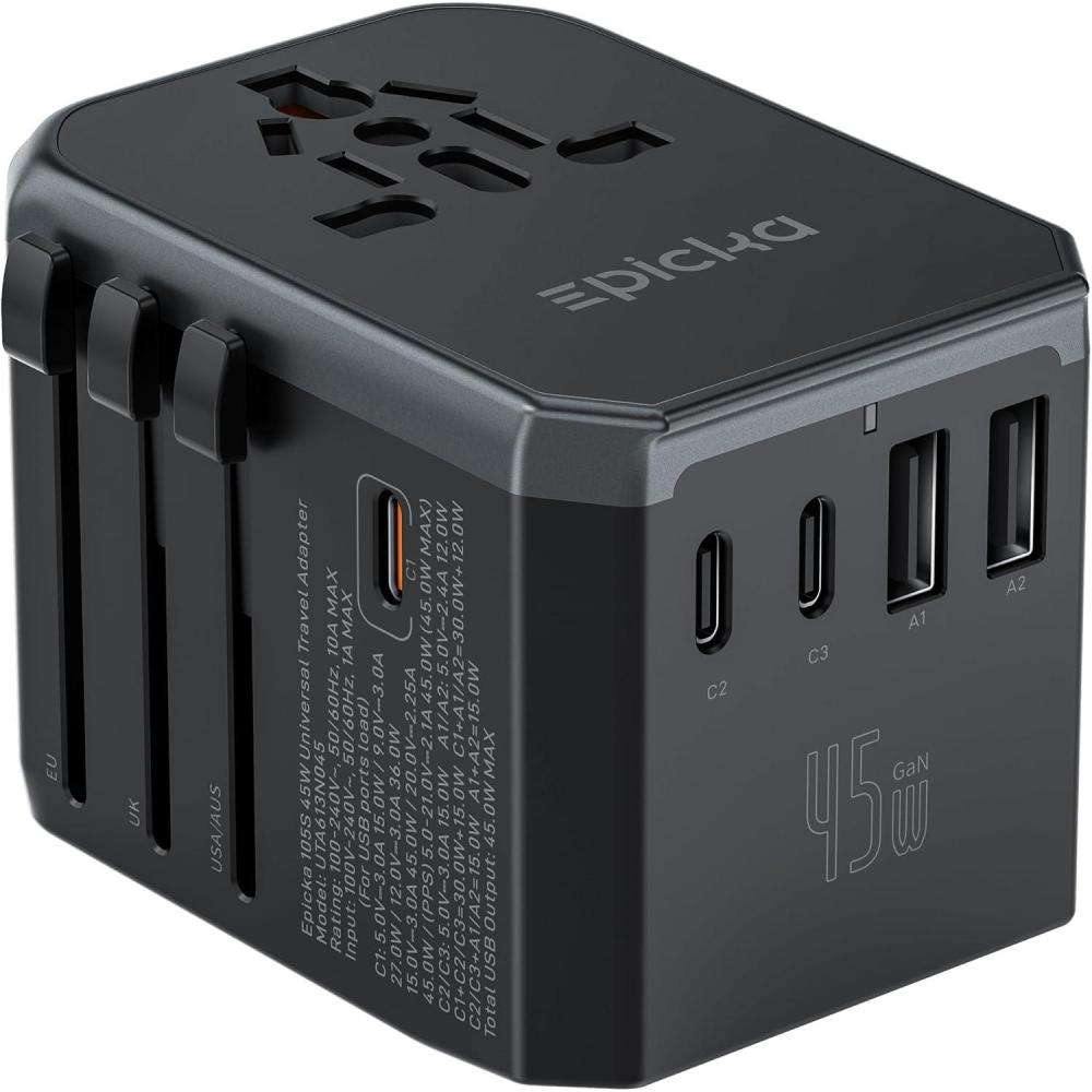 imageEPICKA Universal Travel Adapter International Power Adapter with 2 USBA ampamp 3 USBC Ports Wall Charger  Worldwide Travel Essentials European Travel Plug Adapter for UKUSAU TA105C Black5USB3 USBC45W Black
