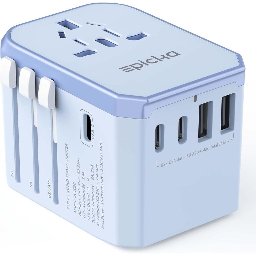 imageEPICKA Universal Travel Adapter International Power Adapter with 2 USBA ampamp 3 USBC Ports Wall Charger  Worldwide Travel Essentials European Travel Plug Adapter for UKUSAU TA105C Black5USB3 USBC30W Blue