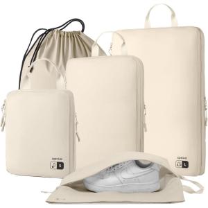 imageEPICKA 5 Set UltraLightweight Compression Packing Cubes  Water Resistant Durable Travel Organizers Bags Expandable Travel Accessories for Carry on Luggage Suitcase BackpackBeige