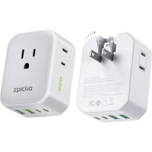 imageEPICKA Hybrid Wall Charger 8 Outlet Multi Plug Dorm Room Essentials Wall Outlet Extender with 4 USB Ports2USB C PD 20W No Surge Protecter Fast Charging Folderable Expander for Cruise Travel WhiteWhite