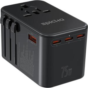 imageEPICKA Universal Travel Adapter GaN 75W International Plug Adapter with 3 USBC PD Fast Charging ampamp 2 USBA Quick Charging Adaptor Allinone Wall Charger for USA EU UK AUS TA105 Max Black