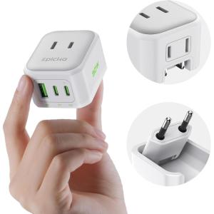 imageEPICKA Hybrid Mini European Travel Plug Adapter 30W PD Fast Charging 5in1 Foldable International Power Adapter with 2 AC ampamp 3 USB Ports with Type C VisaPlug Travel Essentials for US to EuropeType Cfor most europe