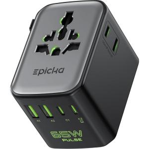 imageEpicka Pulse Duo 65W International Power Adapter Universal Travel Adapter with 6Port 2 AC2 USBA2 USBC European Travel Plug Adapter with PD ampamp QC 30 Fast Charging Travel Essentials BlackBlack